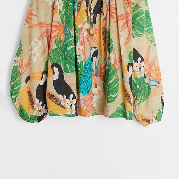 Farm Rio Helena Clip Dot Cotton Blouse Palms Parrots Print Anthropologie Sz L - Picture 12 of 12